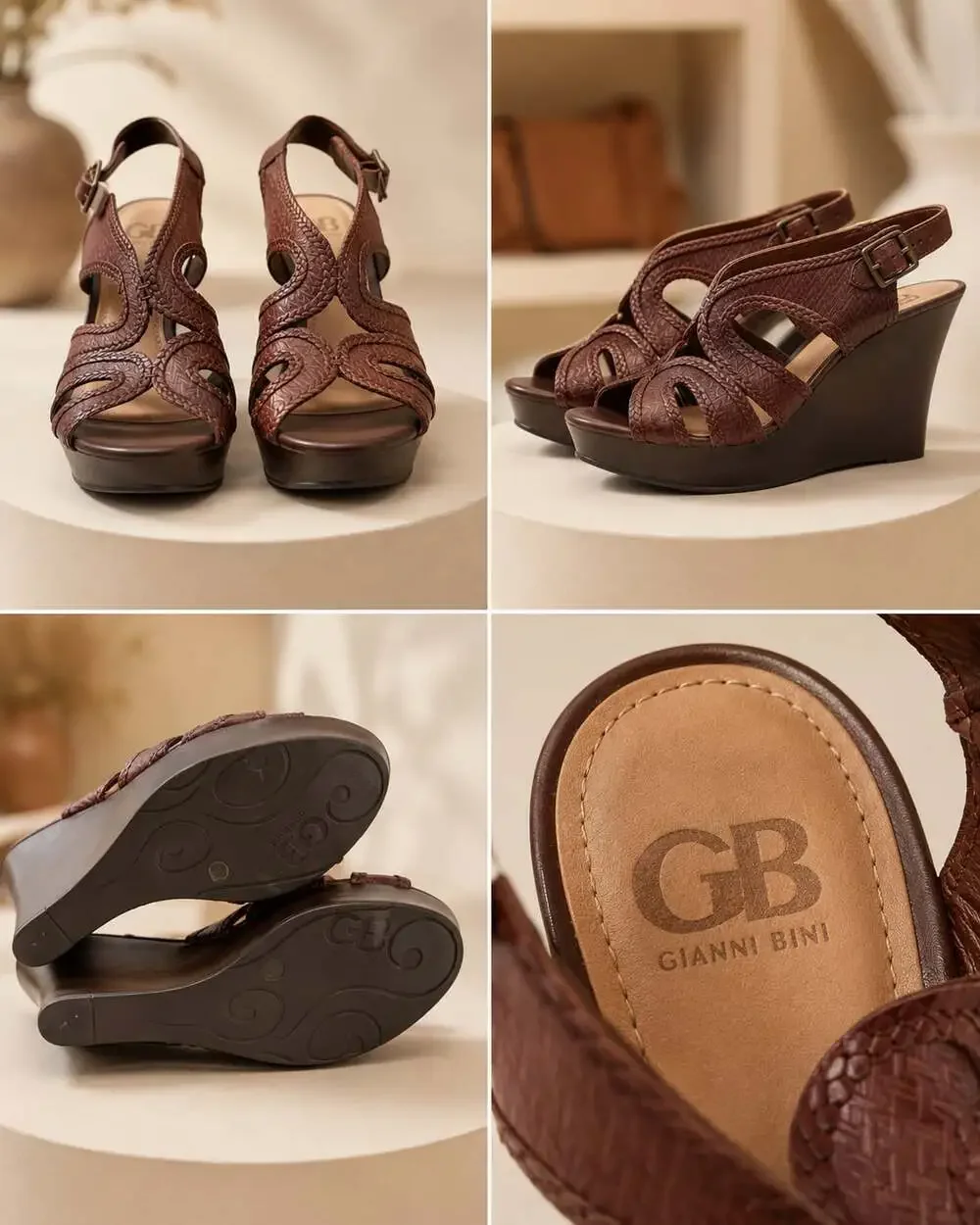 Gianni Bini Women's Brown Woven Texture Platform Wedge Sandals with Ankle Strap